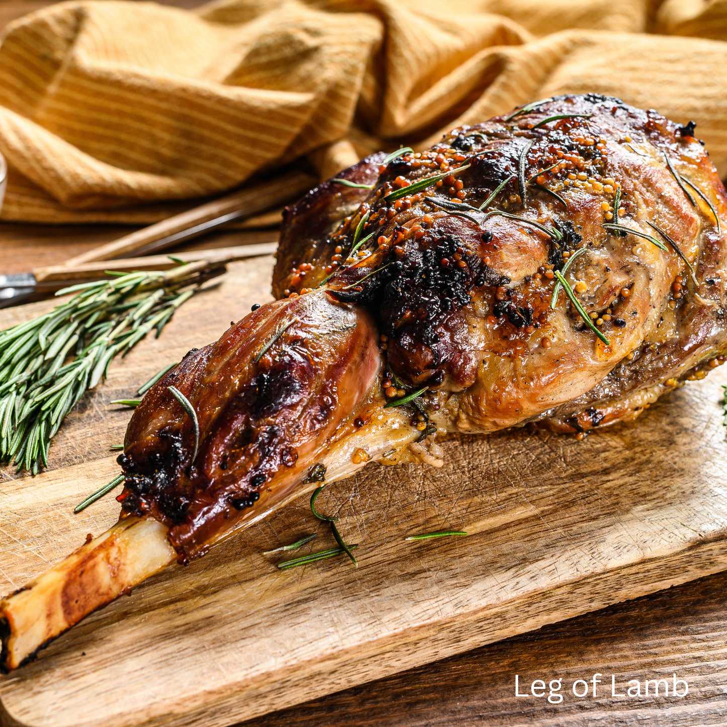 Roasted Leg of Lamb with Rosemary Herbs on Butcher Block